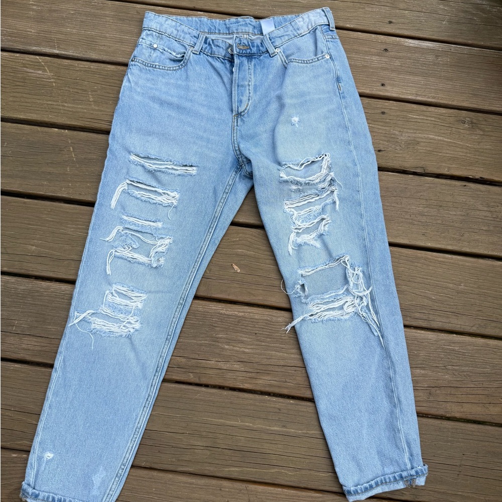 & Denim Stylish Light Blue Distressed Boyfriend Women's Jeans